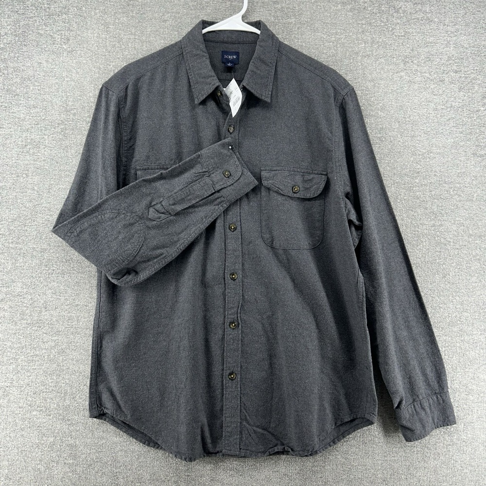 J Crew Flannel Men Size Large Dark Gray Elbow Patch Casual 100% Cotton